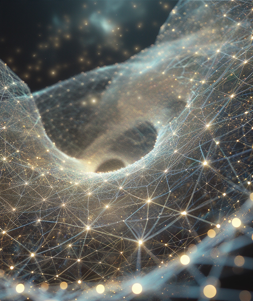 A 3D render of thousands of tiny,  glowing,  geometric particles. They are forming a vast on Tensor.Art