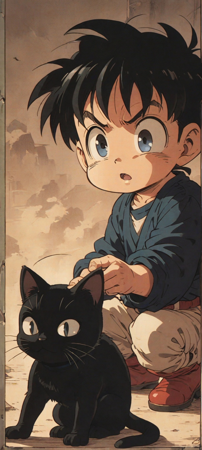 a child playing with an black cat,  drawn by Akira Toriyama,  animated by Toei animation studio on Tensor.Art