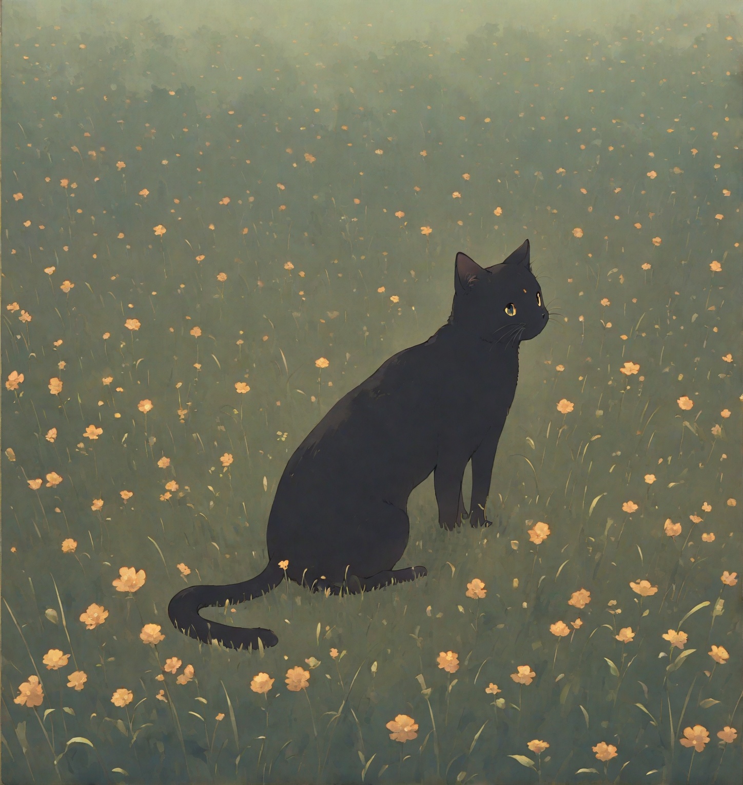a black cat in the middle of the field,  studio ghibli,  hayao miyazaki on Tensor.Art