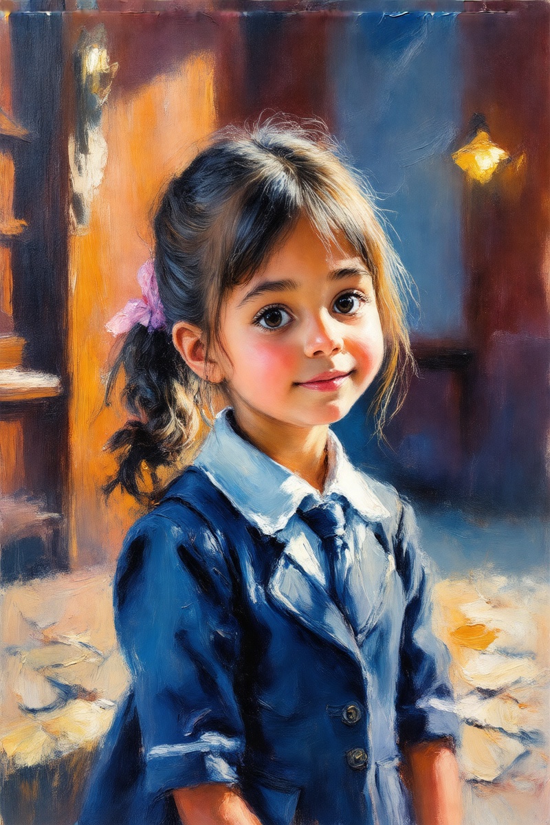 (Painterly blur)). Impressionist oil painting,  portrait of a schoolgirl,  expressive brush strokes on Tensor.Art