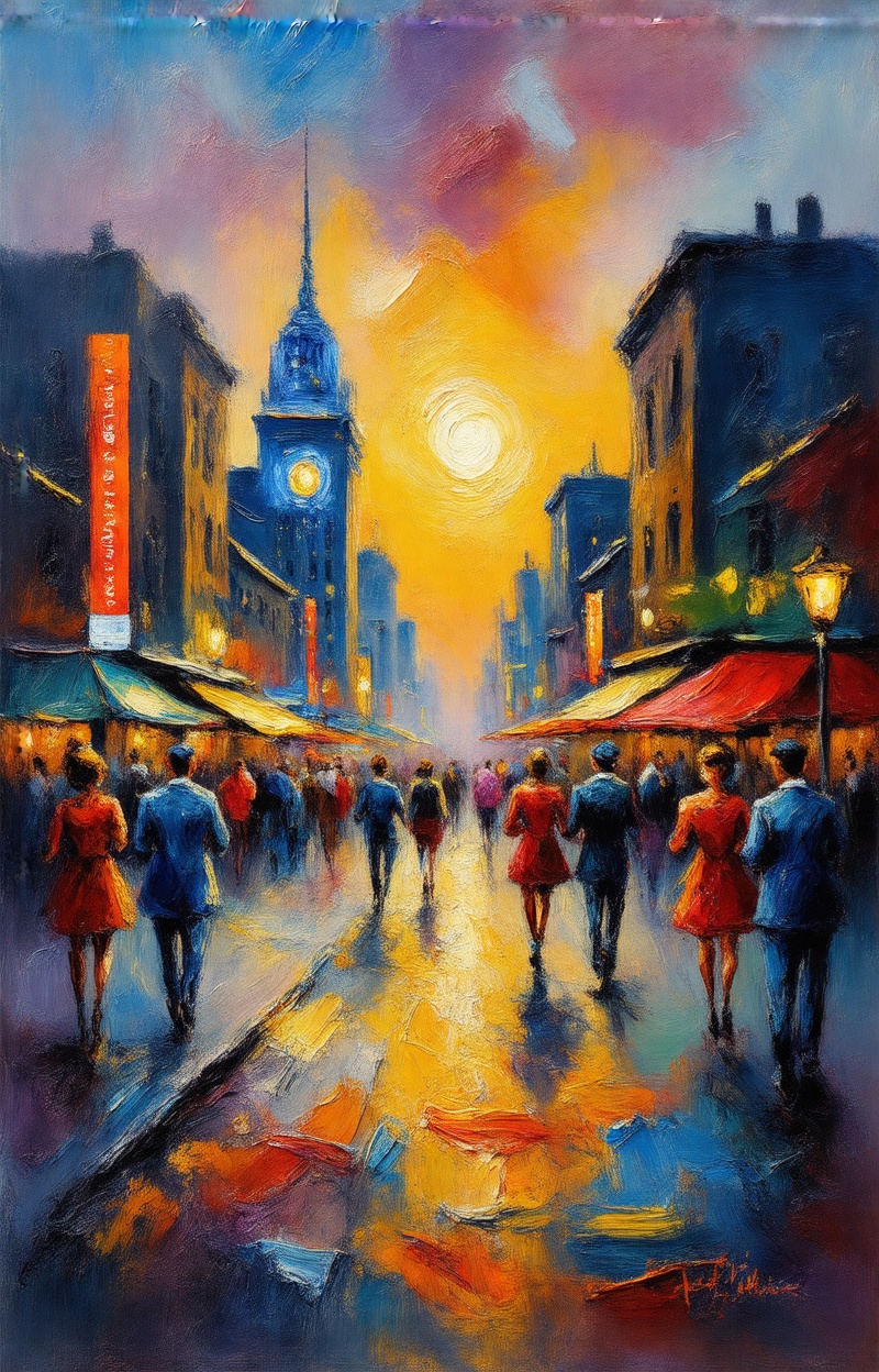 ((Painterly blur)). Impressionist oil painting,  city street scene,  dreamy atmosphere on Tensor.Art