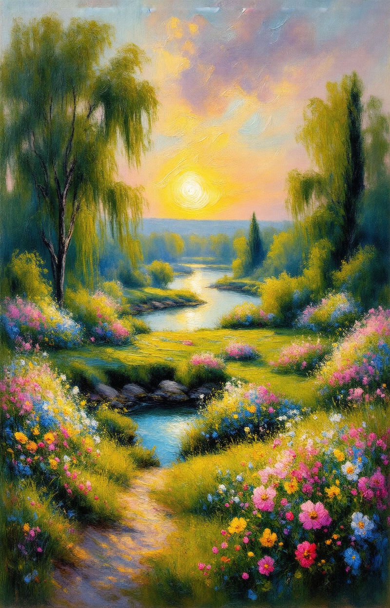 Oil painting. Impressionist style. Landscape with a meadow of flowers and a river. Wide shot,  atmospheric depth. Visible...