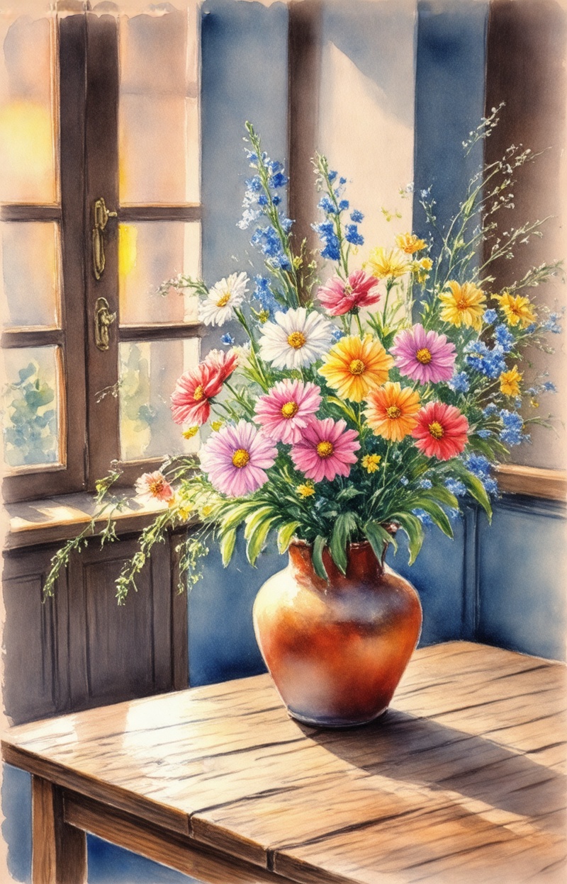 ((Painterly blur)). Impressionist watercolor painting,  still life with flowers,  delicate brush strokes on Tensor.Art