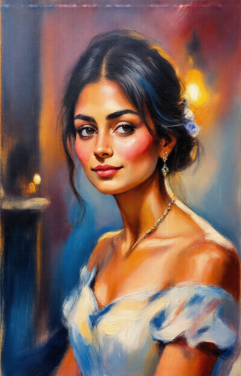 (Painterly blur)). Impressionist oil painting,  portrait of a woman,  expressive brush strokes on Tensor.Art