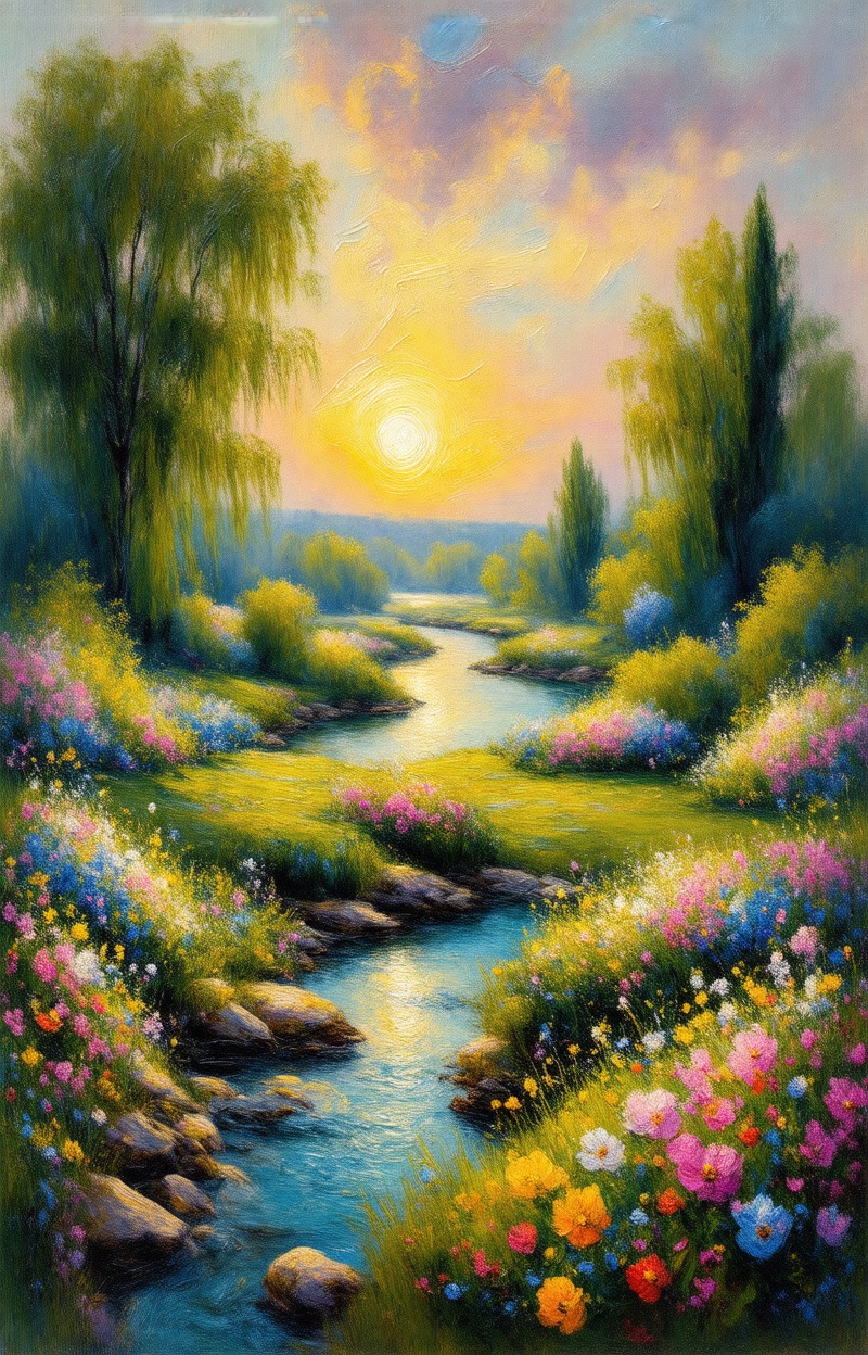 Oil painting. Impressionist style. Landscape with a meadow of flowers and a river. Wide shot,  atmospheric depth. Visible...