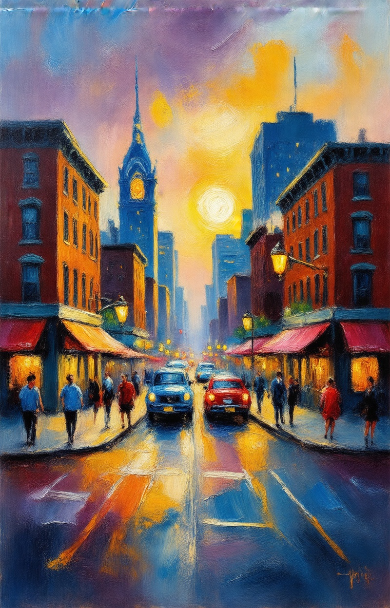 ((Painterly blur)). Impressionist oil painting,  city street scene,  dreamy atmosphere on Tensor.Art