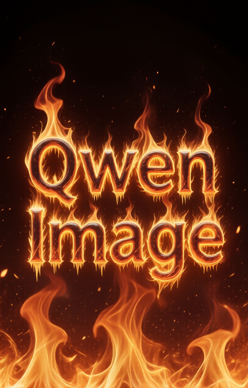 Kintypographyfus. Text fire letters: "Qwen Image". Typography in fire. Glowing molten letters dripping sparks. Cinematic i...