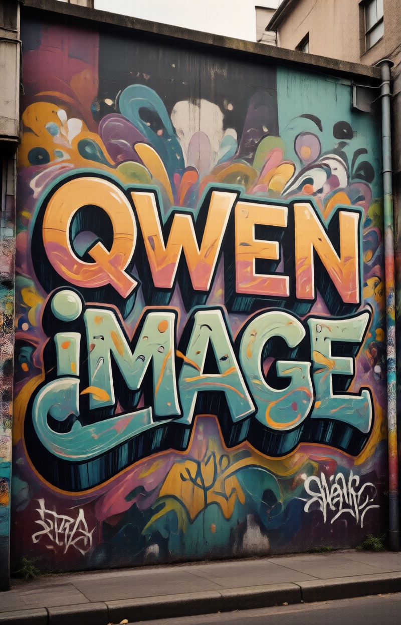 Kintypographyfus Qwen Image. "Qwen Image". Poster typography integration. Letters blending into a graffiti wall mural. Str...