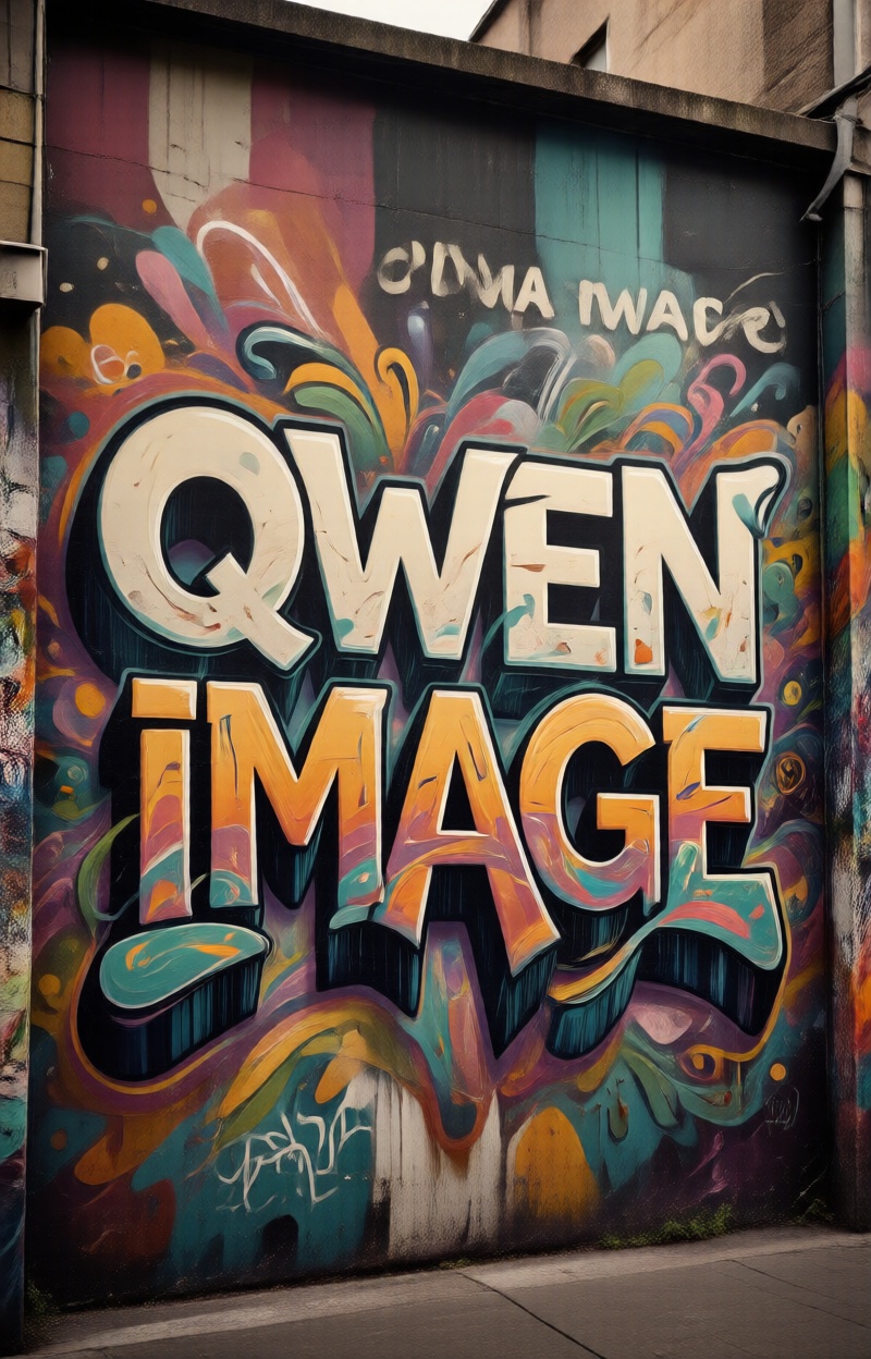Kintypographyfus Qwen Image. "Qwen Image". Poster typography integration. Letters blending into a graffiti wall mural. Str...