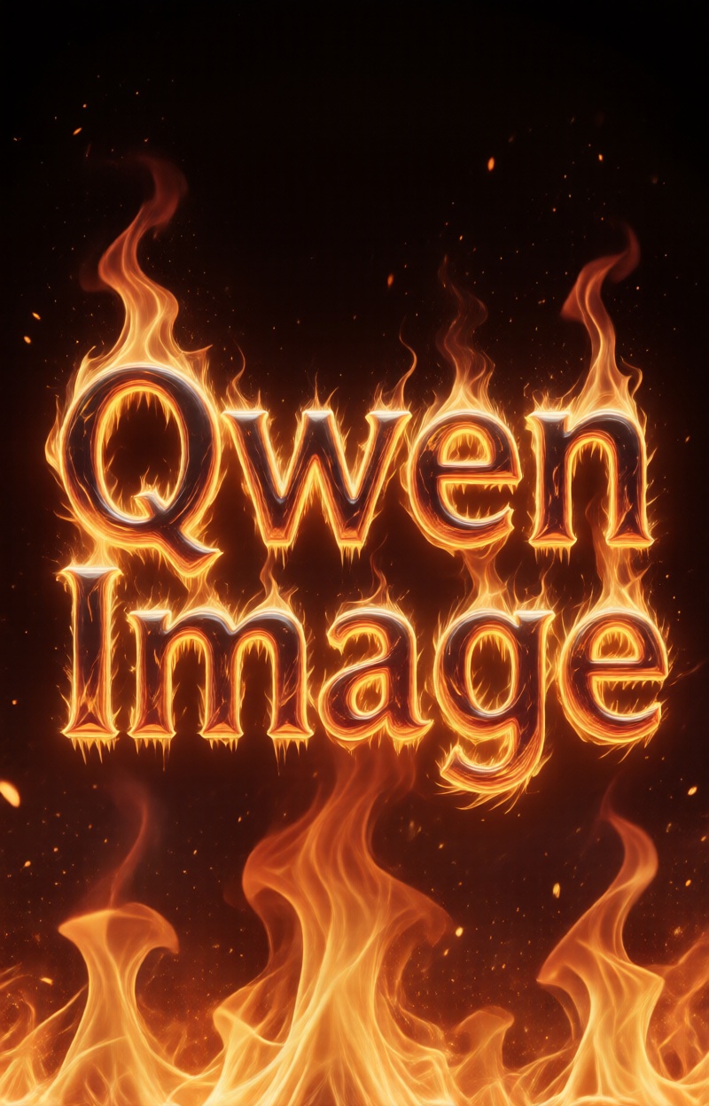 Kintypographyfus. Text fire letters: "Qwen Image". Typography in fire. Glowing molten letters dripping sparks. Cinematic i...