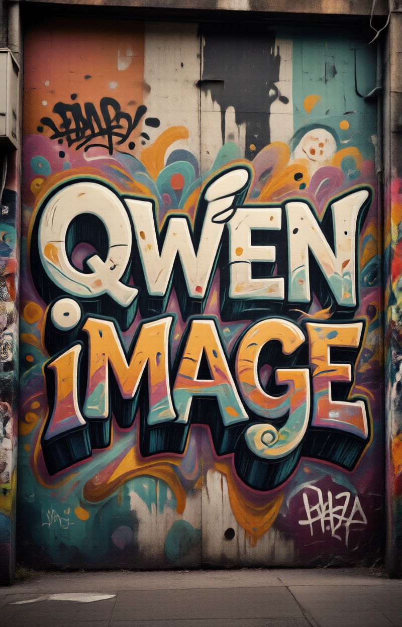 Kintypographyfus Qwen Image. "Qwen Image". Poster typography integration. Letters blending into a graffiti wall mural. Str...