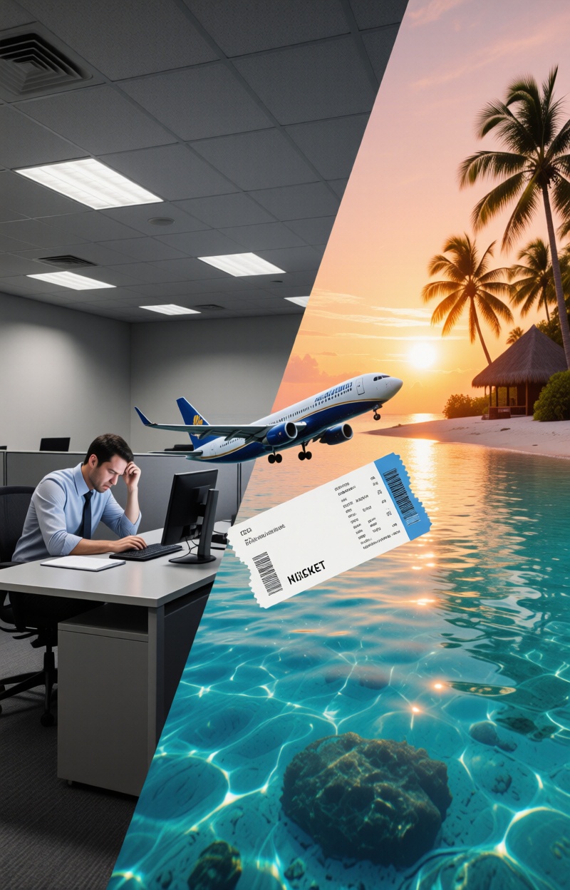 Splitimagead. split-screen advertising poster. Diagonal split. left: gray corporate office with fluorescent lighting,  str...