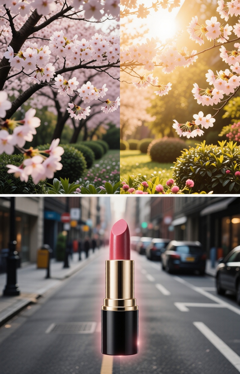 Horizontal split. Splitimagead. Dual-scene beauty ad. Horizontal split. Bottom: gray everyday urban street in cloudy weath...