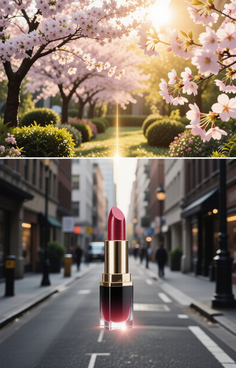 Horizontal split. Splitimagead. Dual-scene beauty ad. Horizontal split. Bottom: gray everyday urban street in cloudy weath...