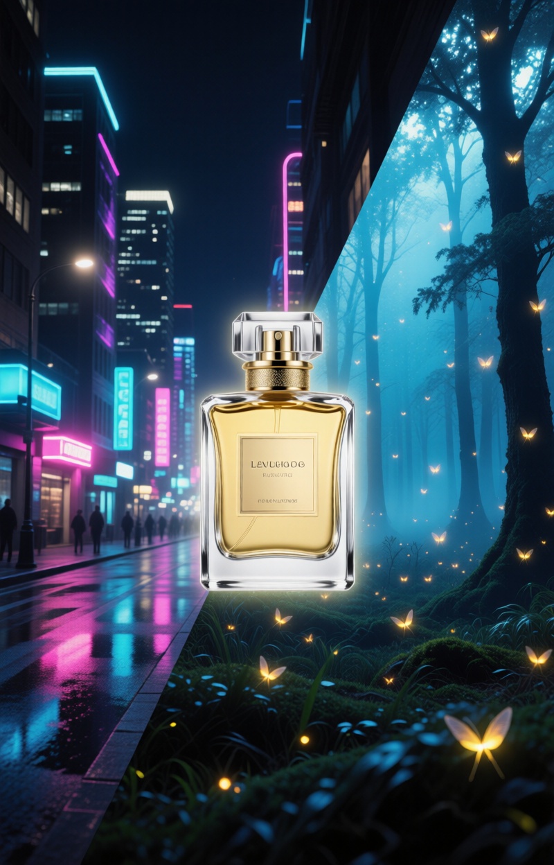 Splitimagead. Dual-scene fashion poster. left: futuristic cold city street at night with neon reflections. Right: magical...