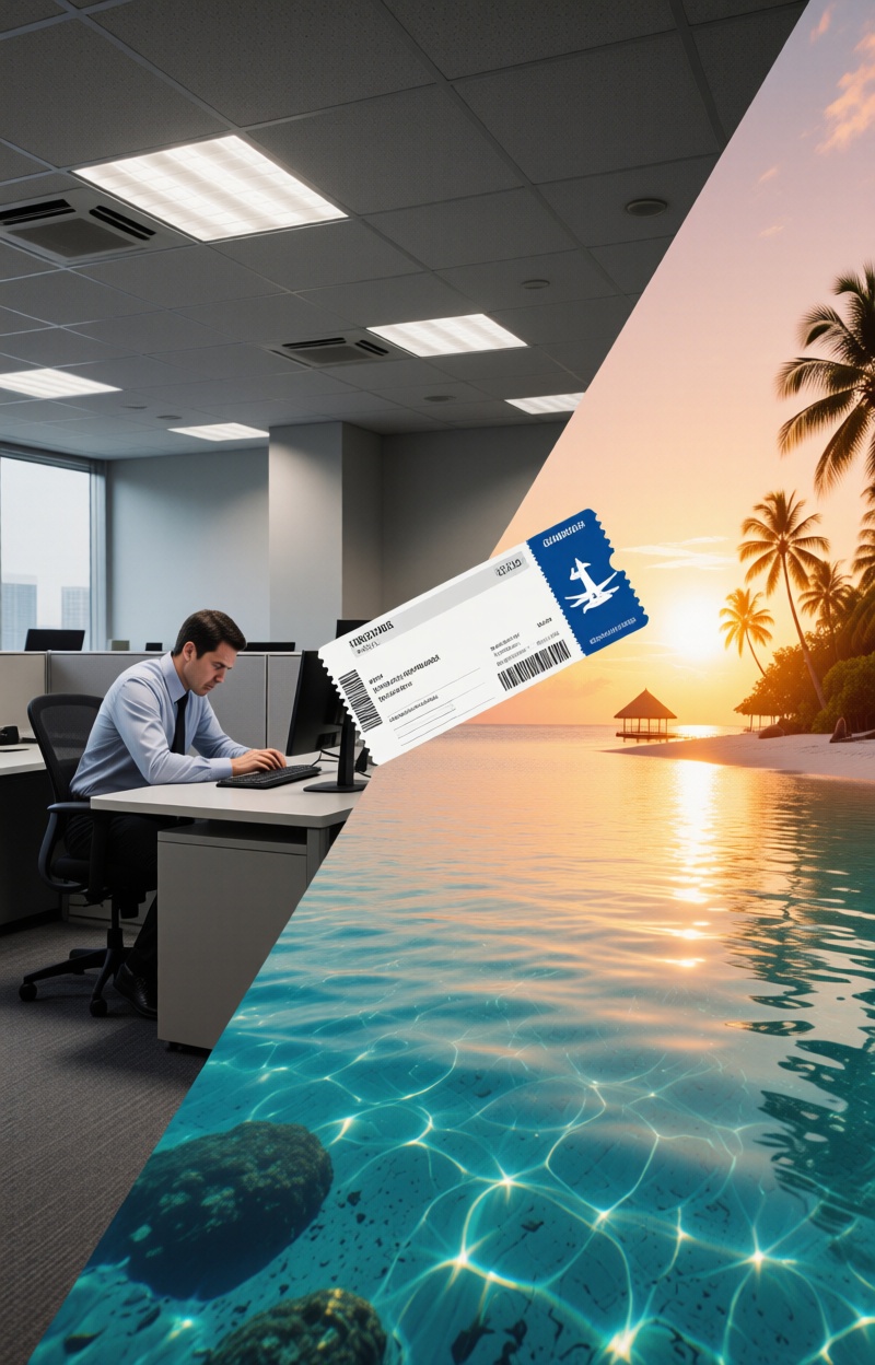 Splitimagead. split-screen advertising poster. Diagonal split. left: gray corporate office with fluorescent lighting,  str...