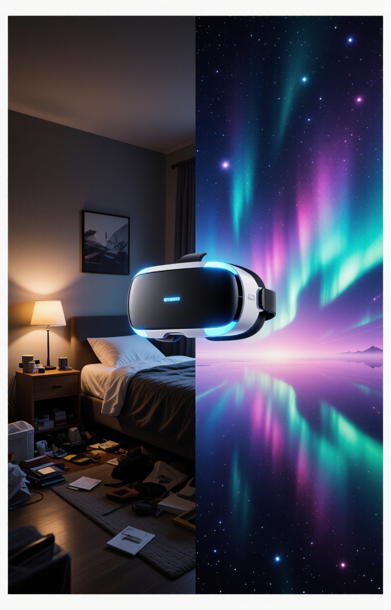 Splitimagead. Split-screen poster. Left: small cluttered bedroom with dim lamp light. Right: infinite cosmic dreamscape wi...