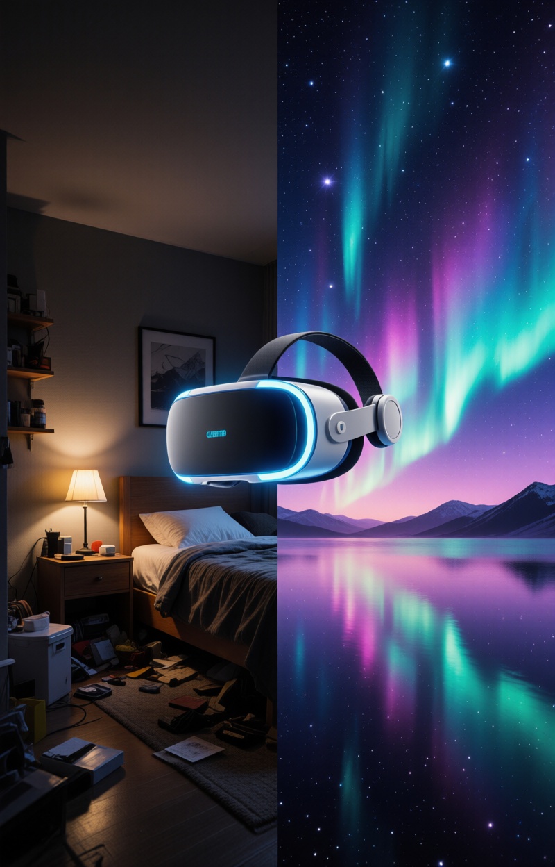 Splitimagead. Split-screen poster. Left: small cluttered bedroom with dim lamp light. Right: infinite cosmic dreamscape wi...