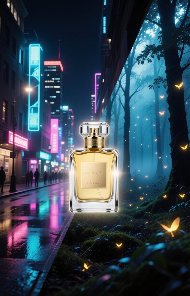 Splitimagead. Dual-scene fashion poster. left: futuristic cold city street at night with neon reflections. Right: magical...