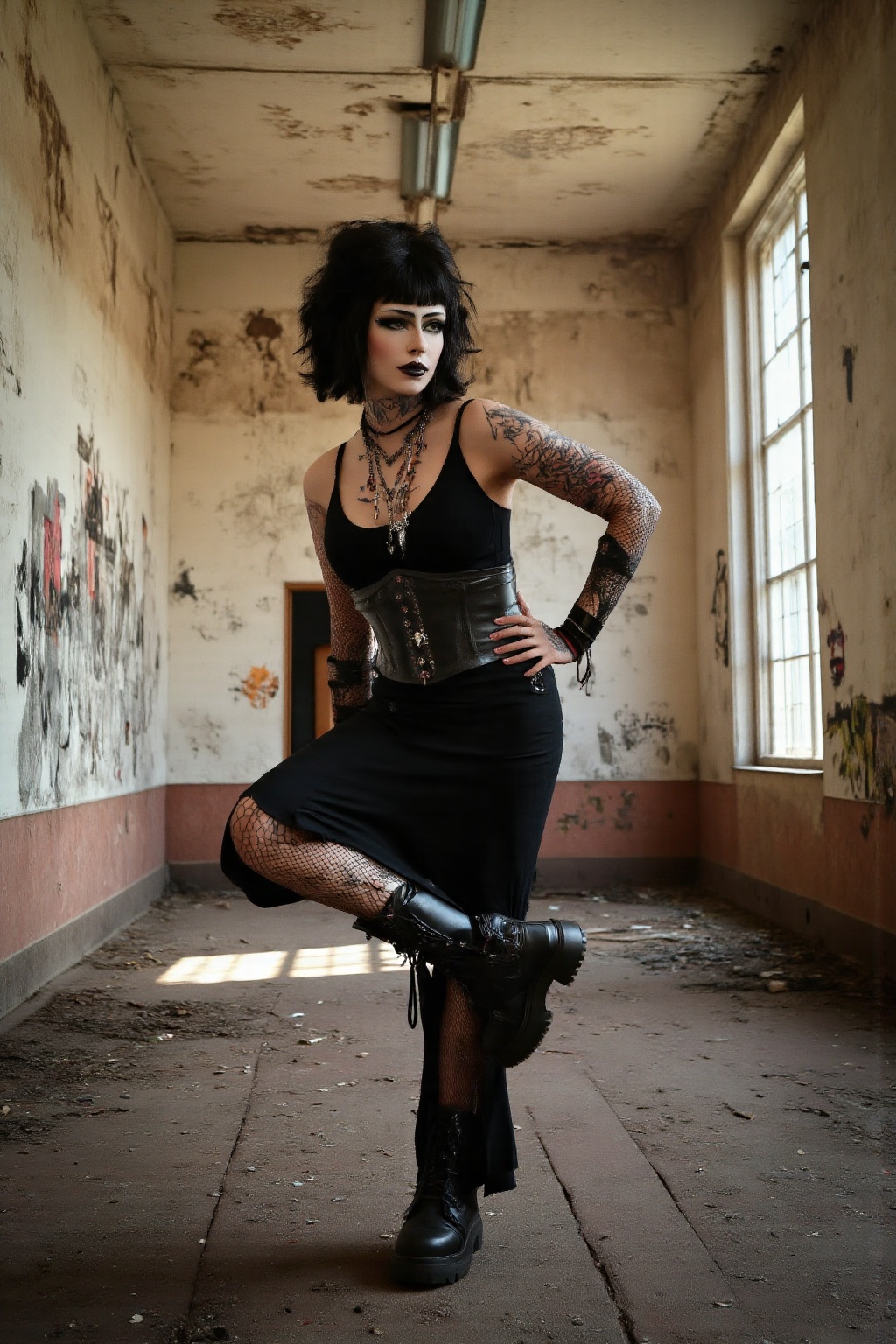 A hyper-realistic full-body portrait of a gothic woman standing confidently in a decayed,  abandoned hallway. The setting...