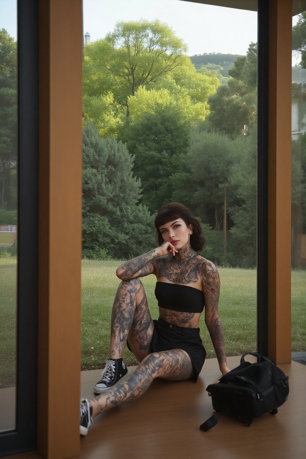 A hyper-realistic portrait of a heavily tattooed woman sitting on a polished wooden platform inside a minimalist glass str...