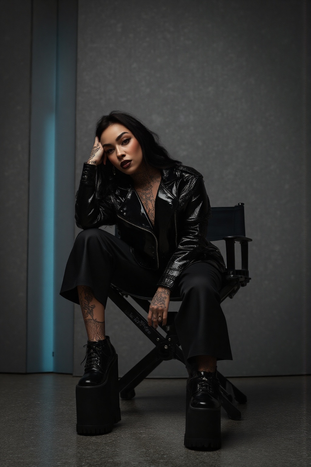 A hyper-realistic studio portrait of a gothic-inspired individual sitting confidently on a black director’s chair,  captur...