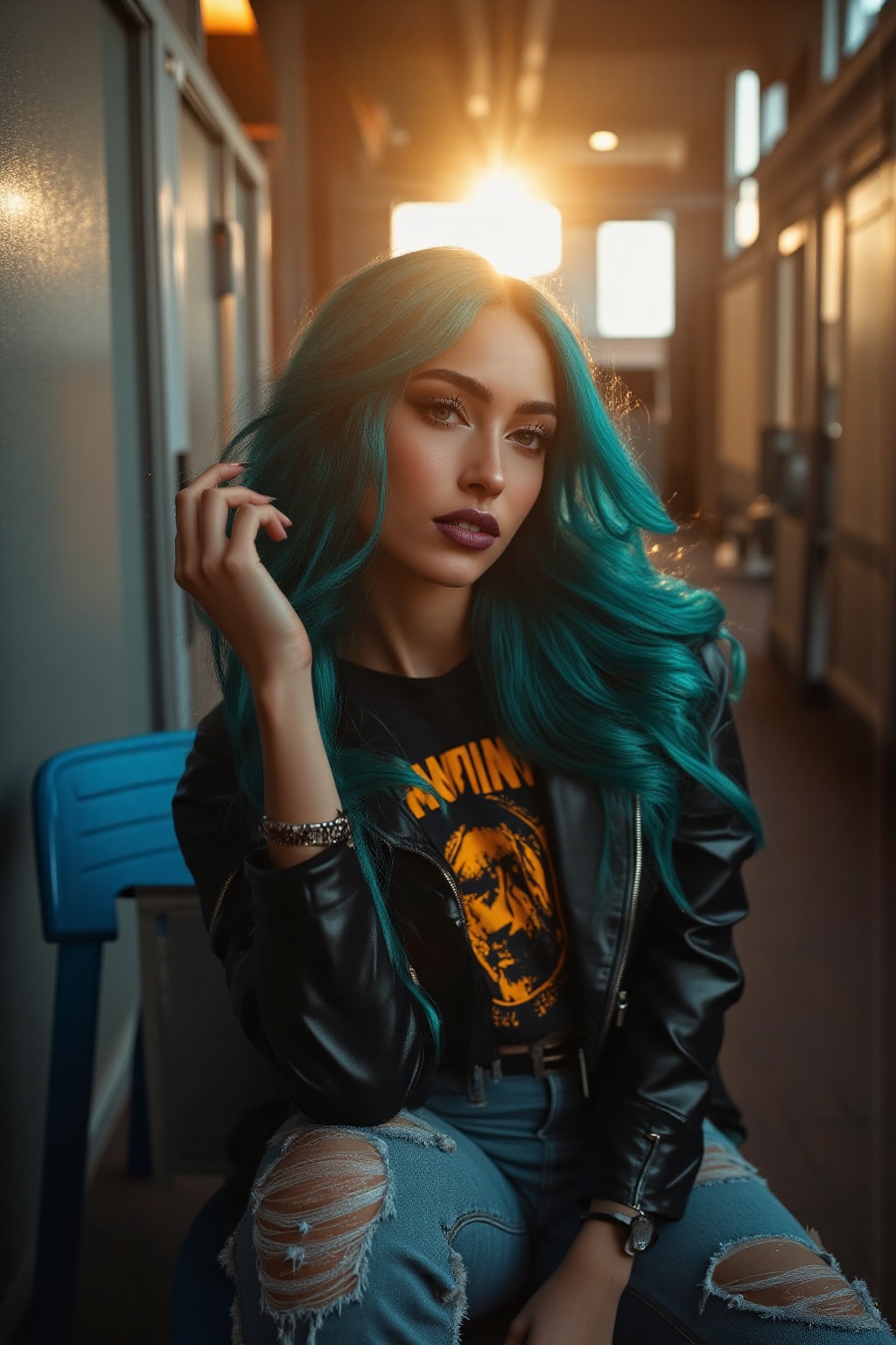 A hyper-realistic portrait of a young woman with an alternative,  urban aesthetic,  seated in a casual and introspective p...
