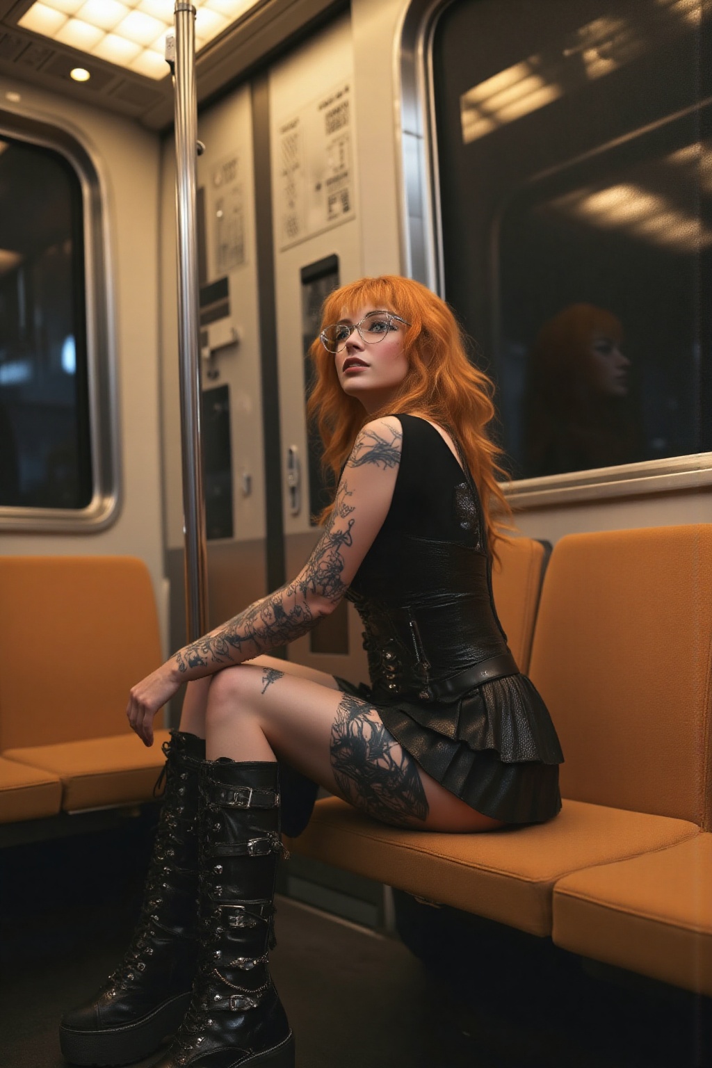 A hyper-realistic full-body portrait of a gothic young woman sitting inside a subway car,  exuding confidence and mystery....