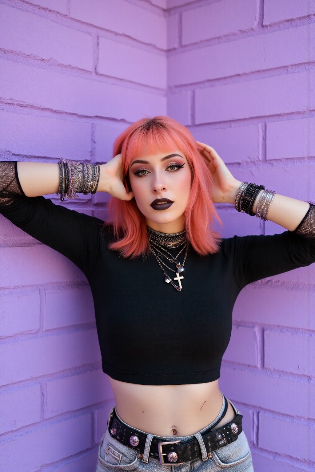 A hyper-realistic portrait of a young woman standing in front of a pastel purple brick wall,  captured in natural daylight...