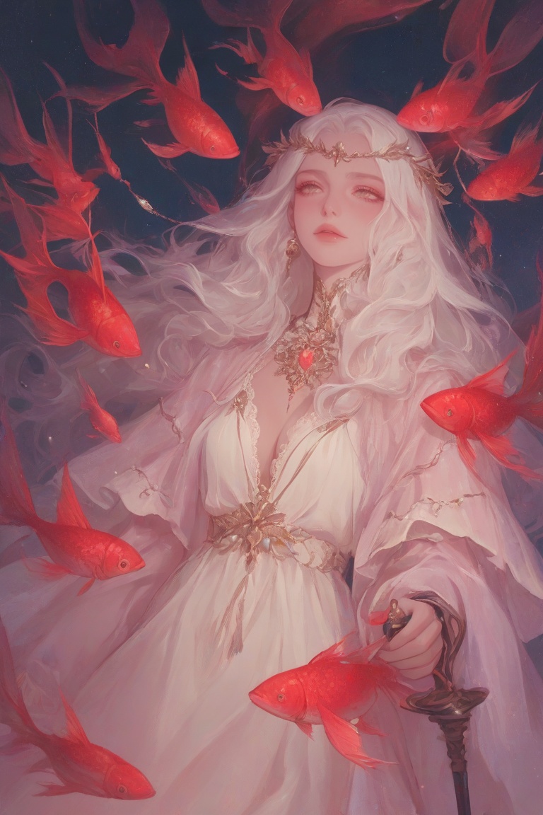 The image depicts a serene and ethereal scene with a woman holding a dark stick-like object. Her long,  wavy white hair is...