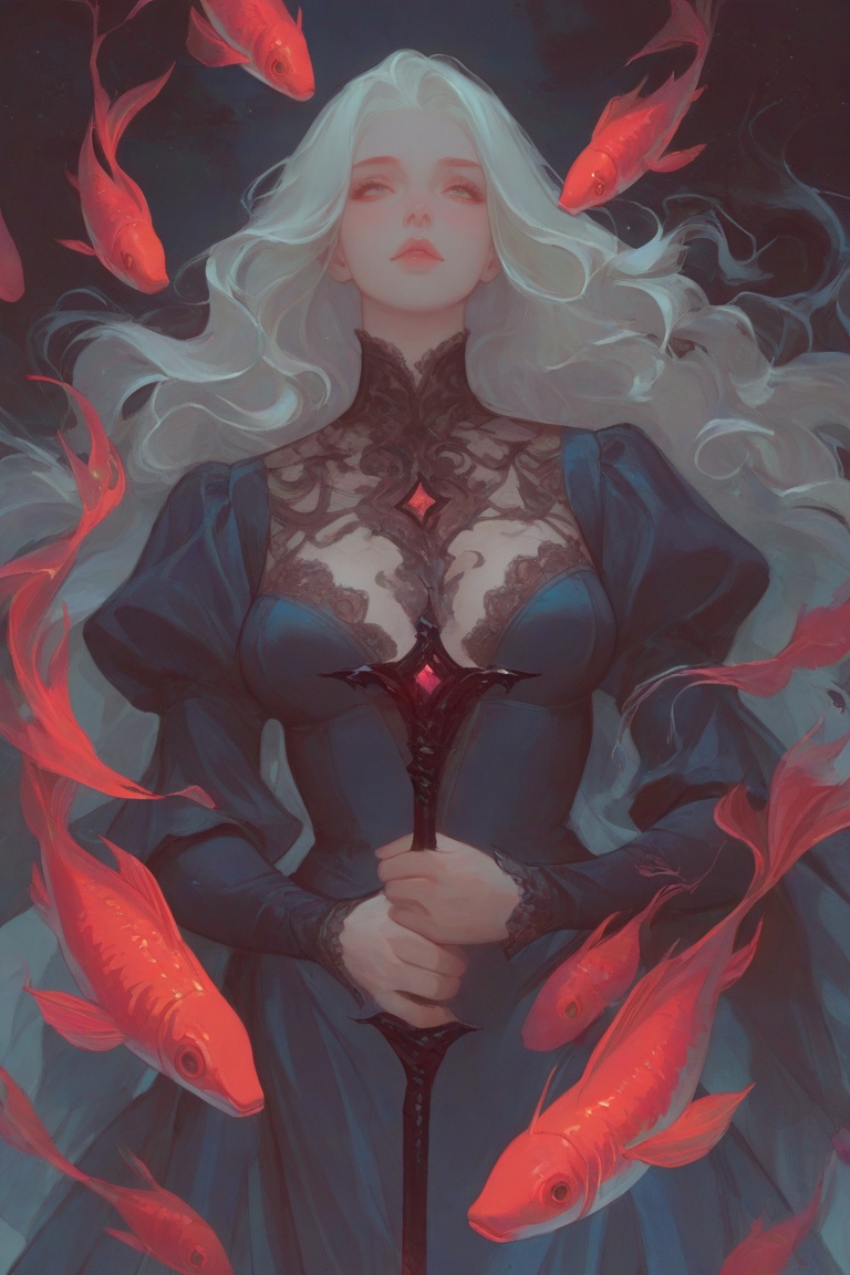 The image depicts a serene and ethereal scene with a woman holding a dark stick-like object. Her long,  wavy white hair is...