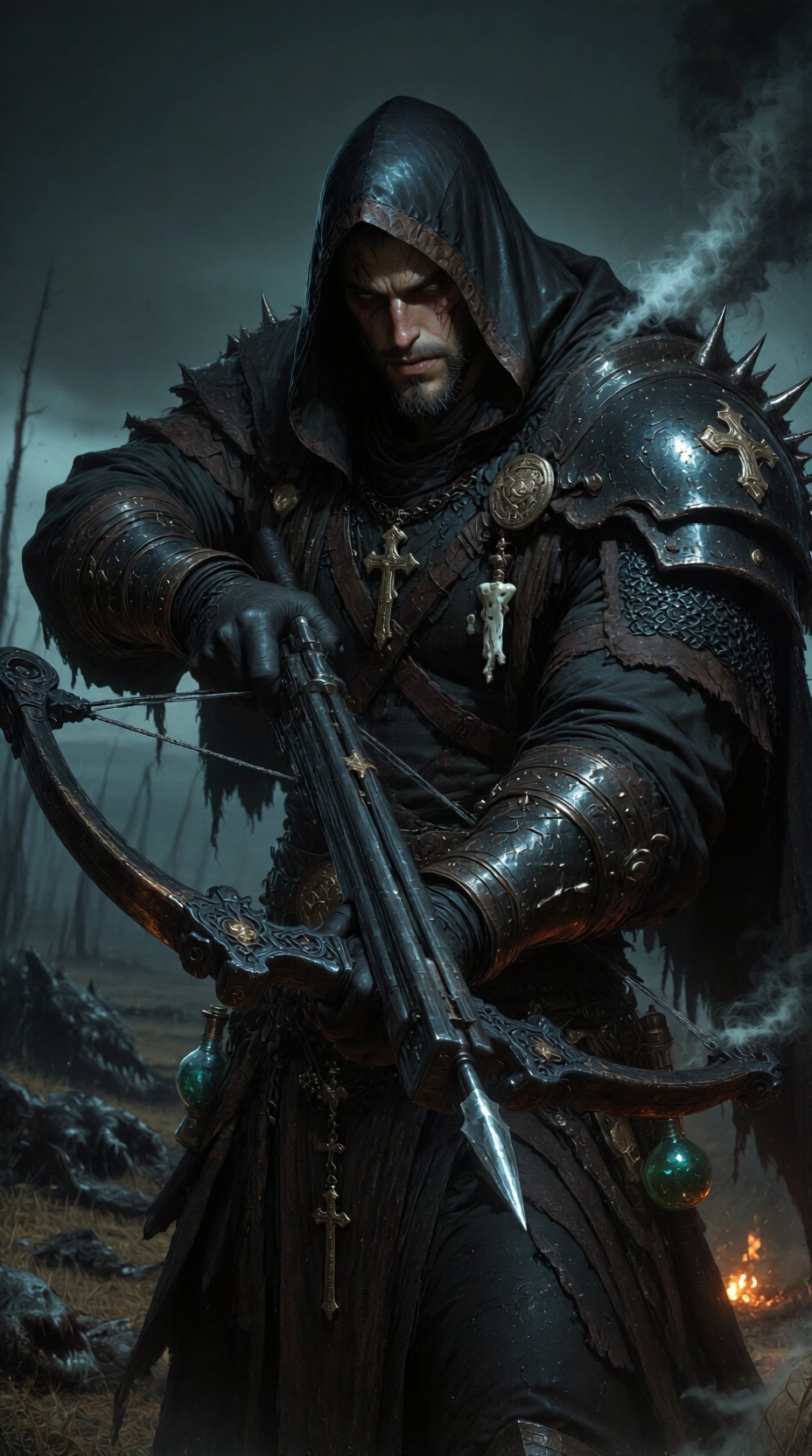 A powerful,  **** medium shot of a rugged,  intense male monster hunter. He has a scarred on Tensor.Art