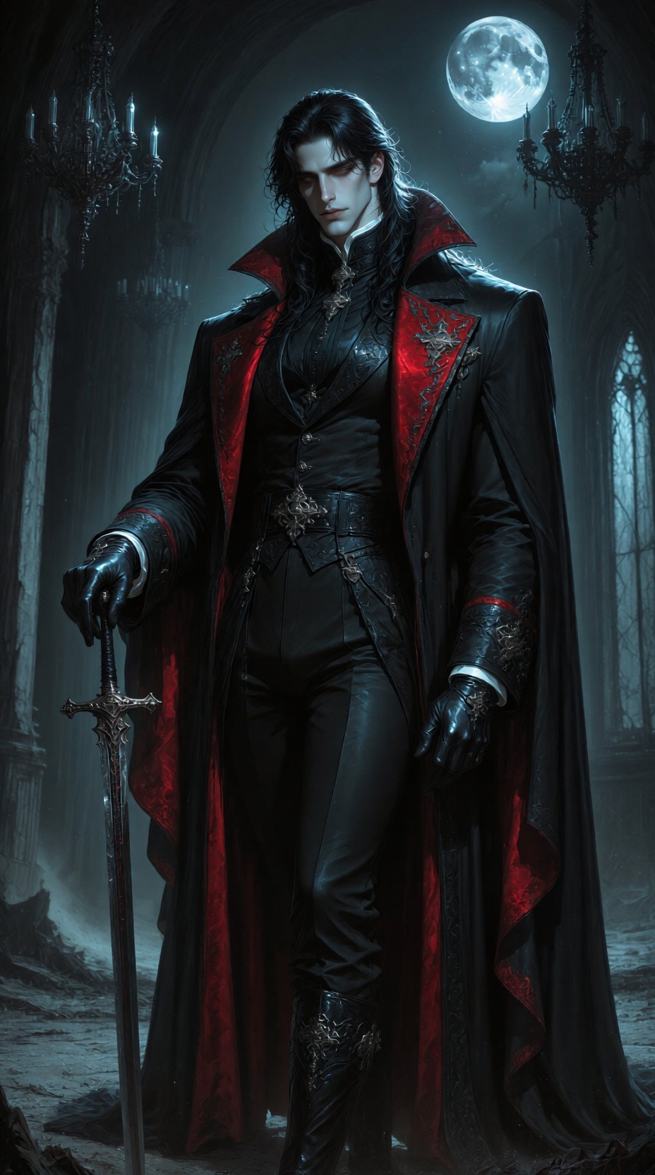 A magnificent,  **** of a tall,  elegantly handsome male vampire noble. He stands motionless in a vast on Tensor.Art