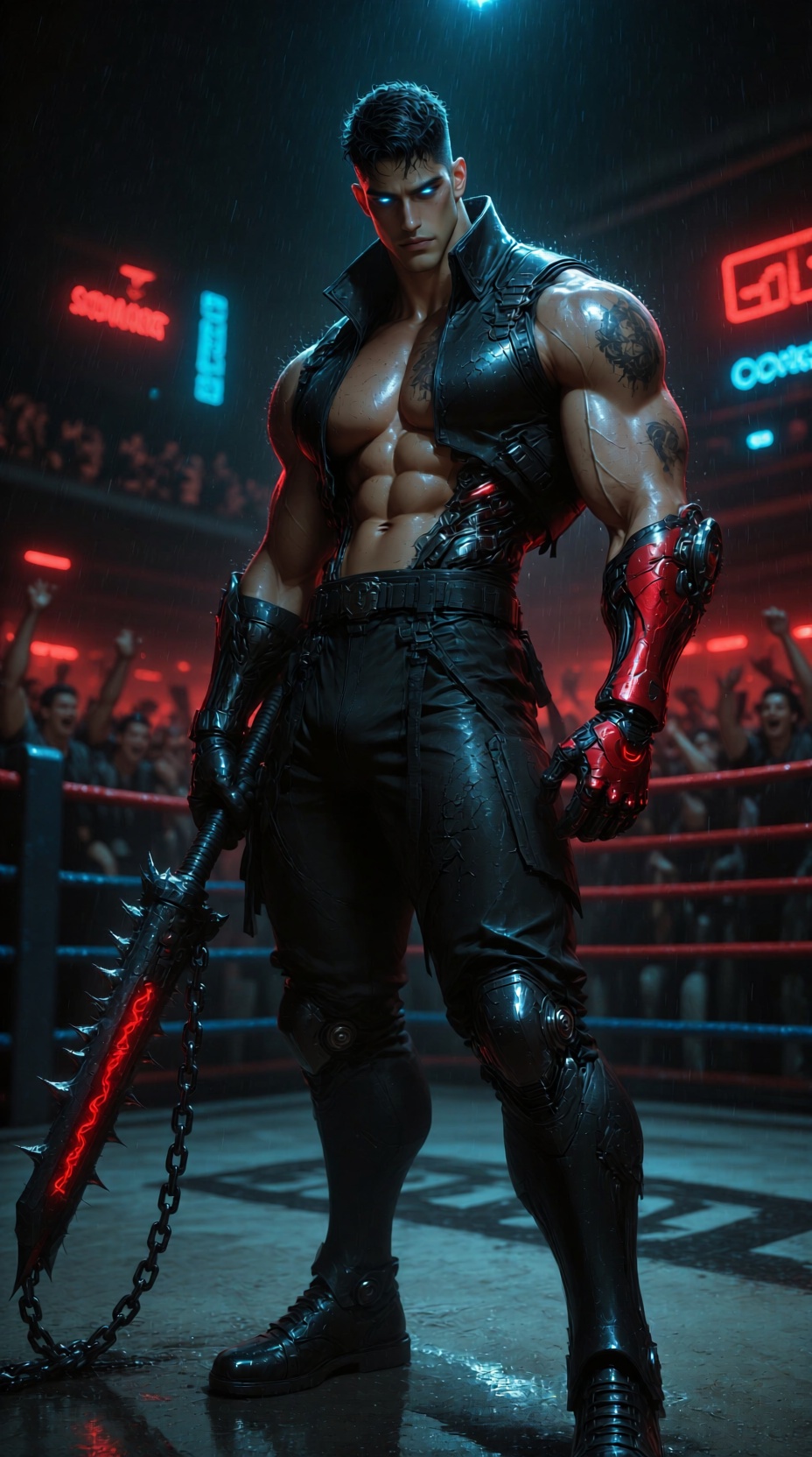 A visually stunning,  **** of a tall,  powerfully built male fighter standing victorious in a rain-soaked on Tensor.Art