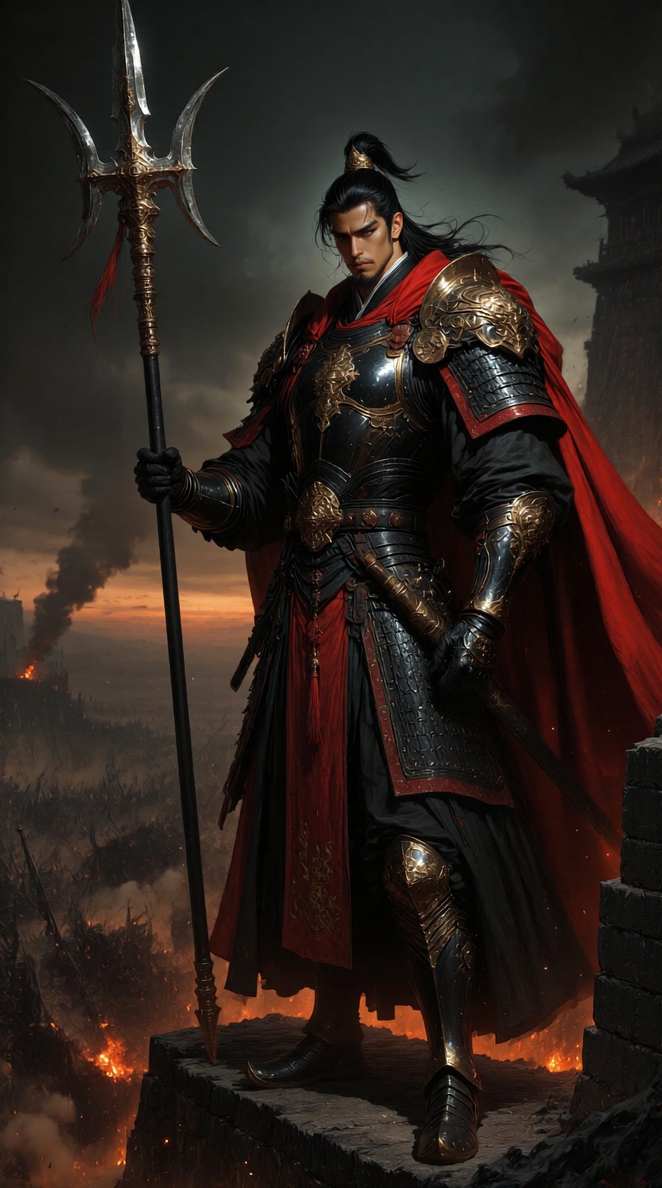 A powerful,  **** of a tall,  commanding male general or Jin Yi Wei captain. He is standing firm on a ruined battlement on...