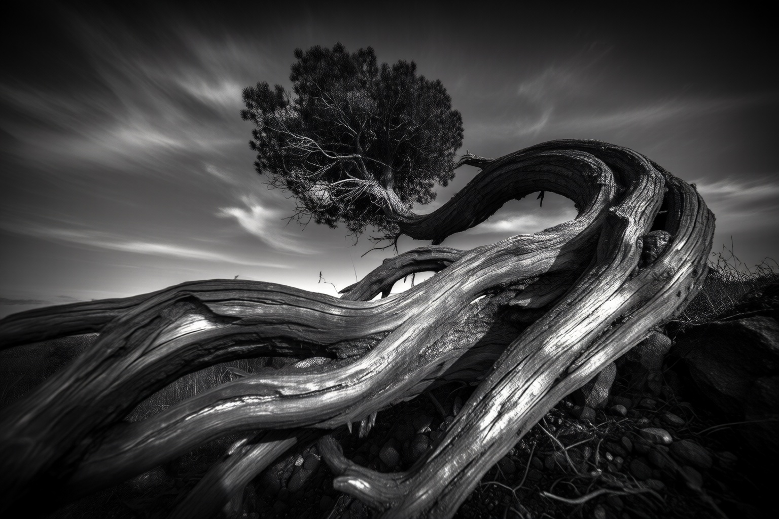 aurelmanea2q photography. A striking black-and-white landscape featuring a gnarled,  weathered tree standing prominently i...