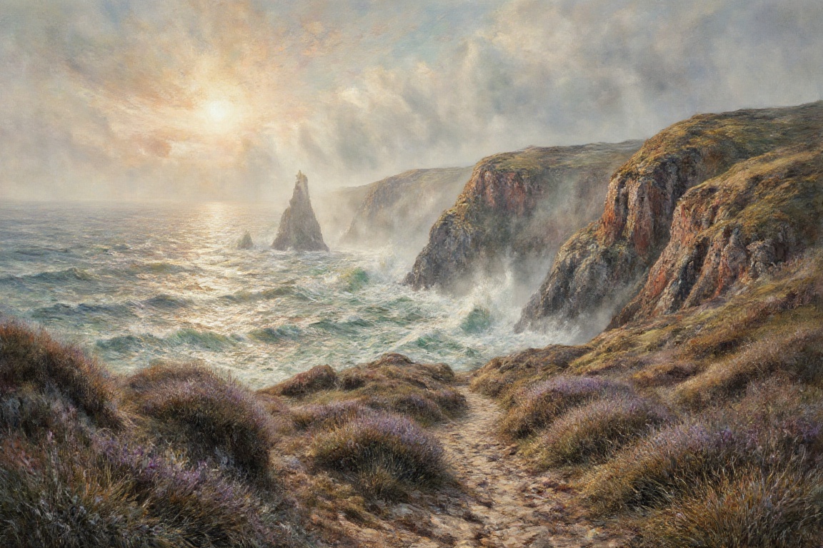 A masterful oil painting,  ethereal and serene. A winding path descends sharply between weathered dunes and sea-grass on H...