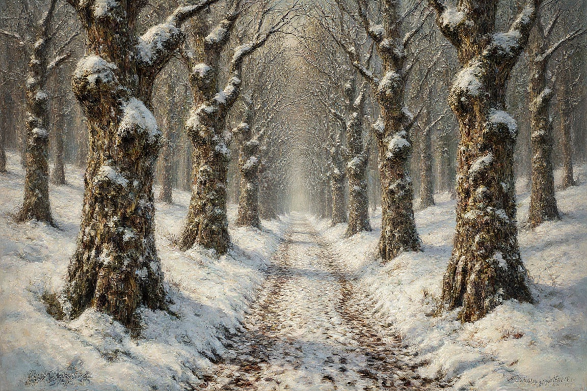 White on white encaustic painting of a winter forest,  textured snow layers on branches,  shadowed tracks in deep snow on...