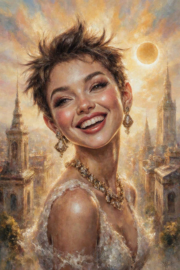 A waist-up portrait of a dream lady. Smiling and winking,  shining with happiness. Short spiky hair,  delicate face on Ten...