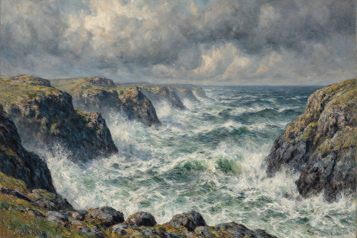 A dramatic North Sea coastscape in the style of Emil Nolde. Storm waves crash against rugged cliffs under a brooding sky....