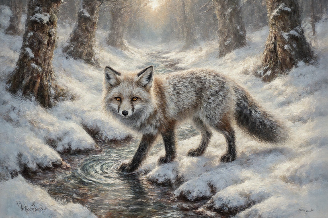 White-on-white encaustic painting of an elegant,  anatomically correct arctic fox by a forest stream. Textured long fluffy...