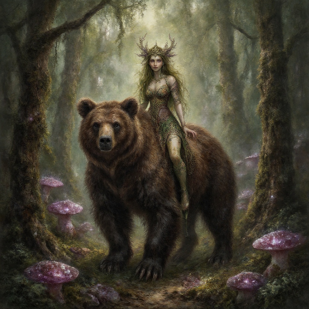 An oil painting of an anatomically correct dryad in an intricate tunic,  sitting astride a massive brown bear in a primord...
