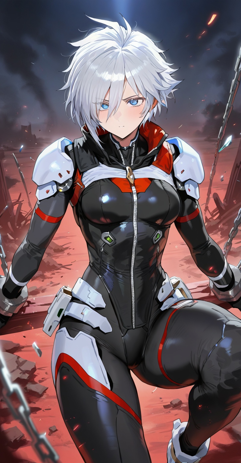 Captured in mid-stride,  a lone figure emerges from the smoldering ruins: a slender young female cyborg with piercing blue...