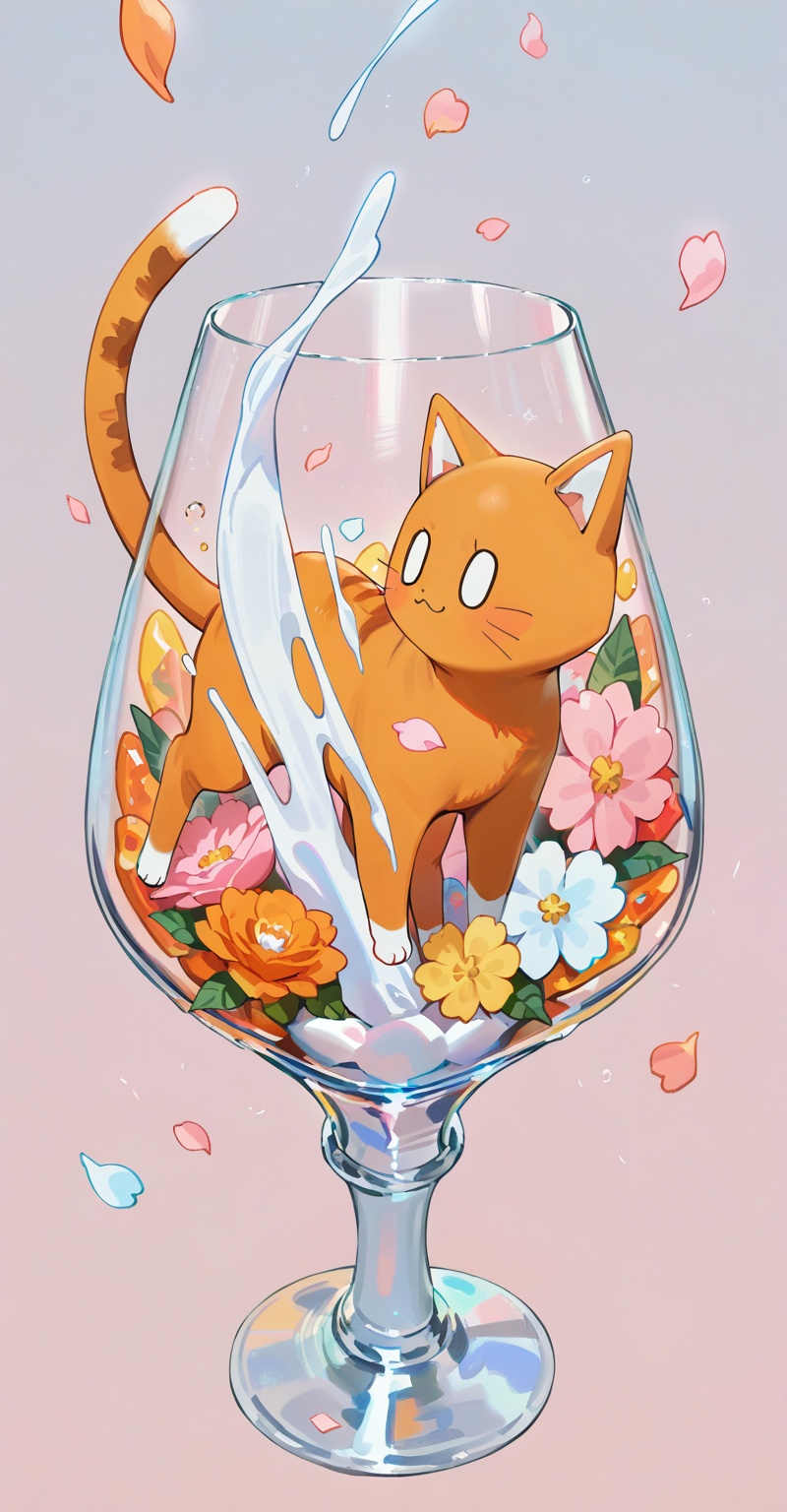"Elegant crystal glass vase,  graceful curves,  Filled with marbled orange and white liquid forming a cat shape. Cat has l...