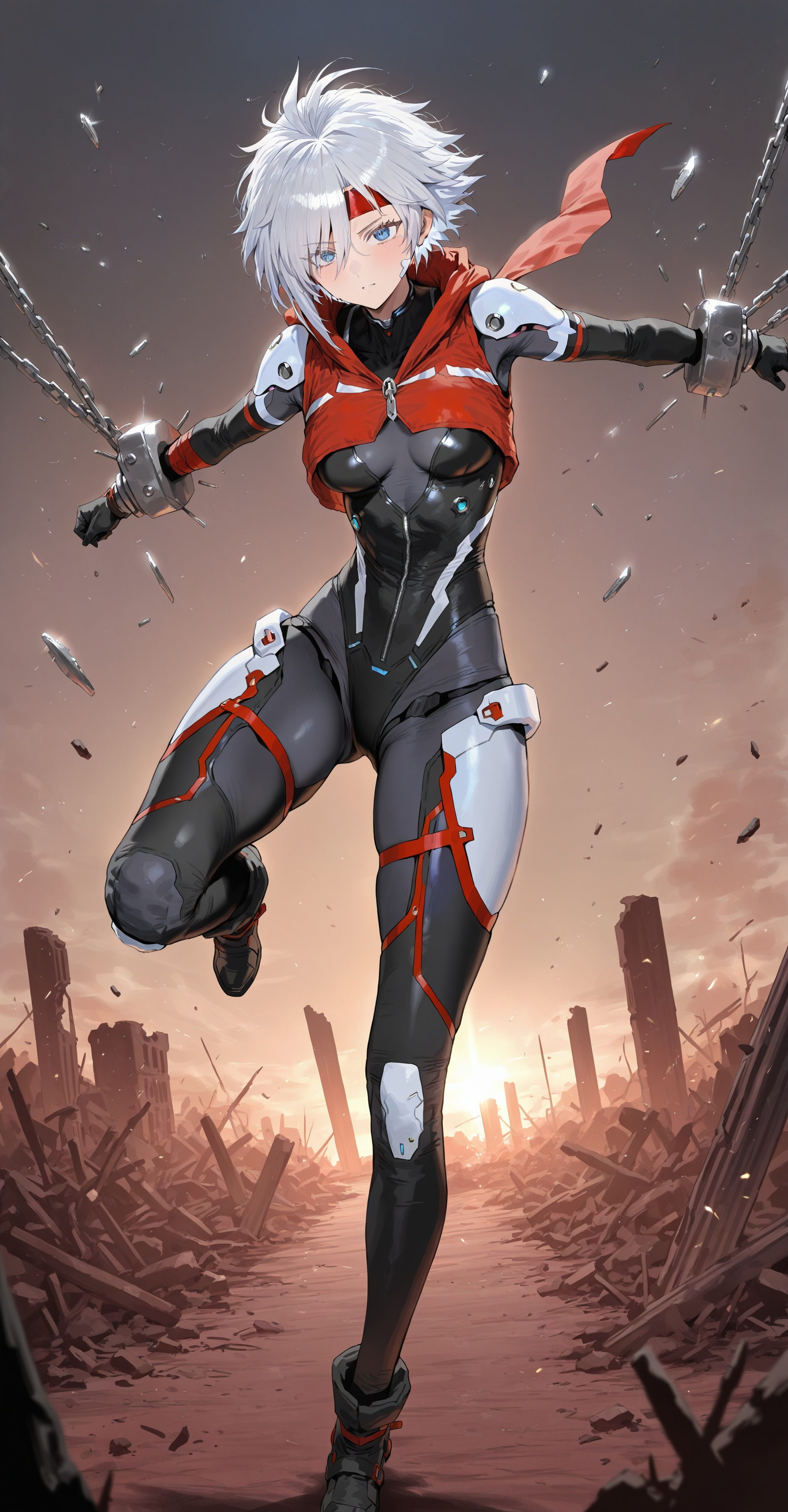 Captured in mid-stride,  a lone figure emerges from the smoldering ruins: a slender young female cyborg with piercing blue...