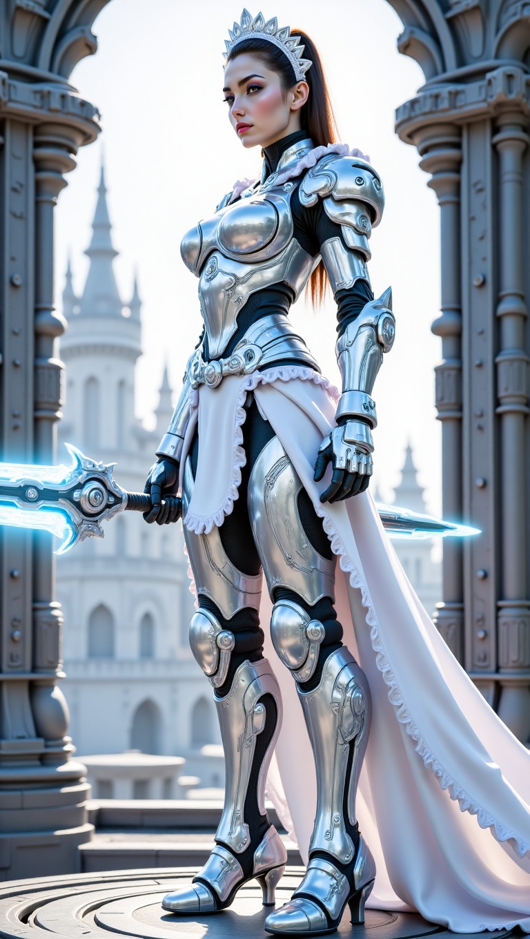 A futuristic battle-maid knight in shining white and silver armor with elegant maid-like frills,  a metallic apron,  and a...