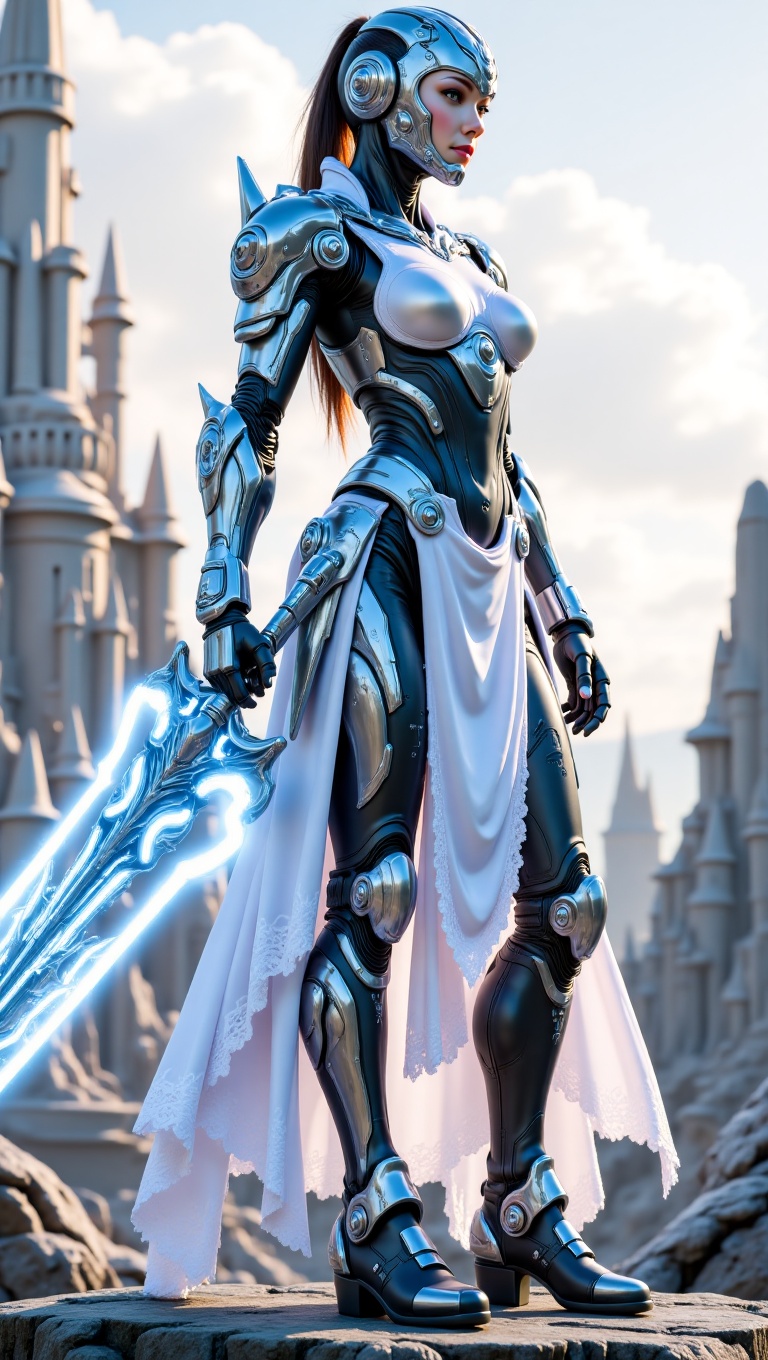 A futuristic paladin maid knight wearing advanced nanotech armor shaped with maid uniform aesthetics—lace-like plating,  m...