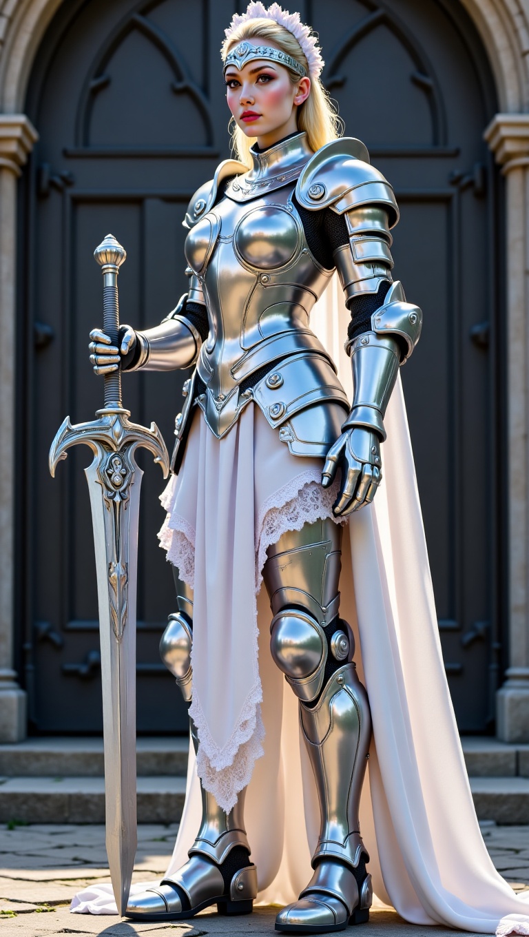 A majestic maid knight clad in polished silver armor combined with delicate maid outfit elements: lace apron,  frilled ski...