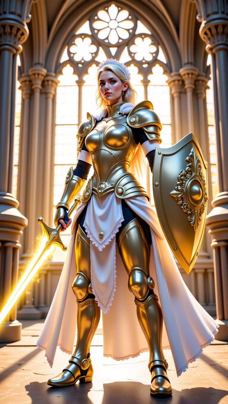 A photorealistic paladin maid knight in radiant white and gold armor adorned with frilled edges,  a maid apron reinforced...