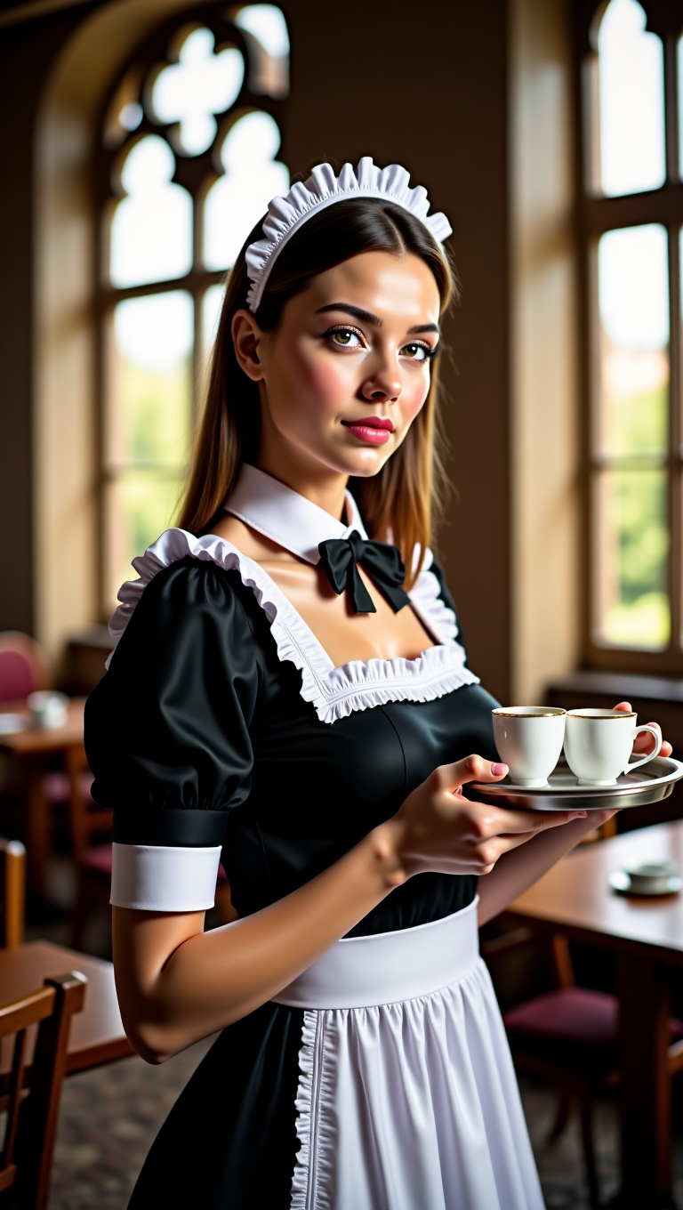 A beautiful young woman in a traditional French maid outfit with a black dress,  white apron,  and lace headband on Tensor...